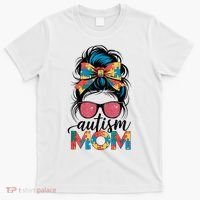 Autism Awareness Messy Bun Autism Mom Coquette Bow Puzzle T-Shirt thumb 0