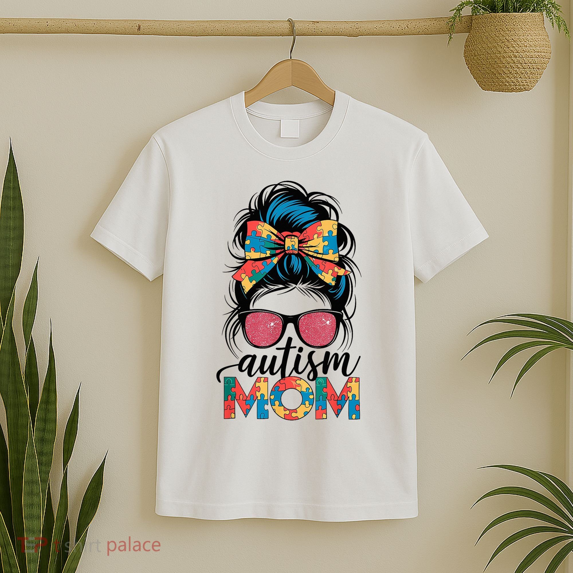 Autism Awareness Messy Bun Autism Mom Coquette Bow Puzzle T-Shirt