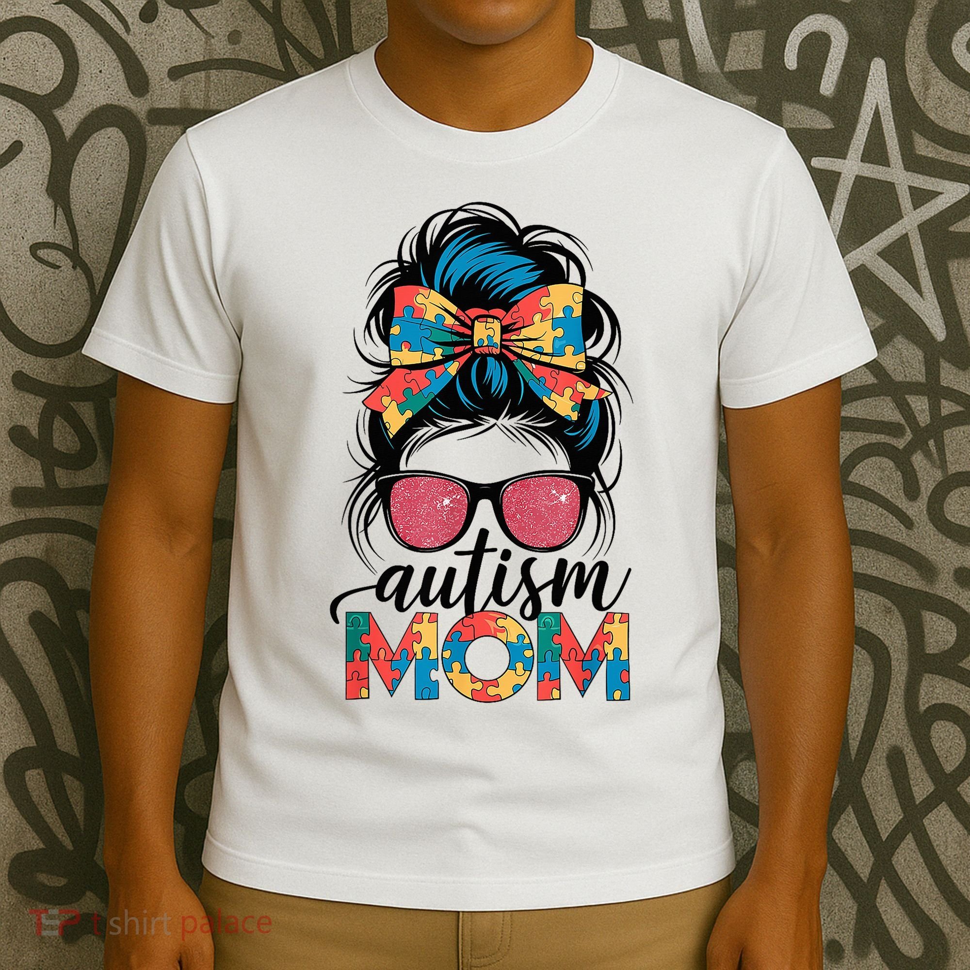 Autism Awareness Messy Bun Autism Mom Coquette Bow Puzzle T-Shirt