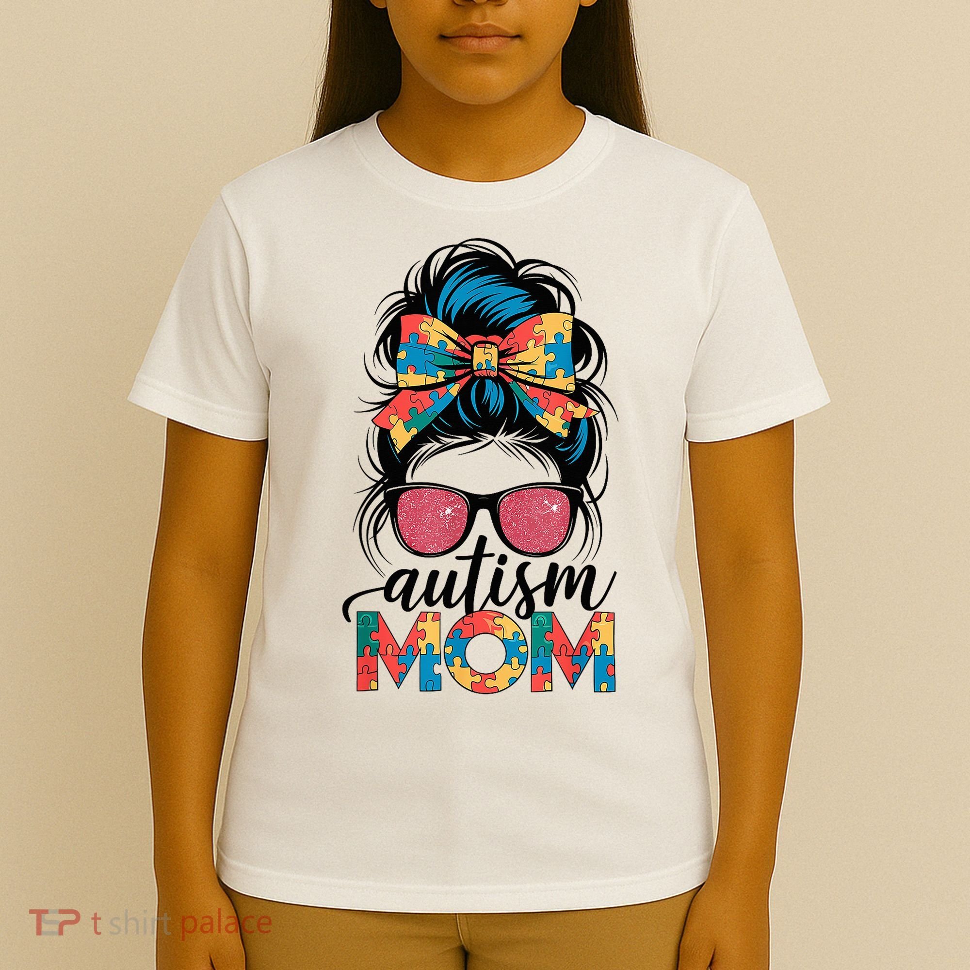 Autism Awareness Messy Bun Autism Mom Coquette Bow Puzzle T-Shirt