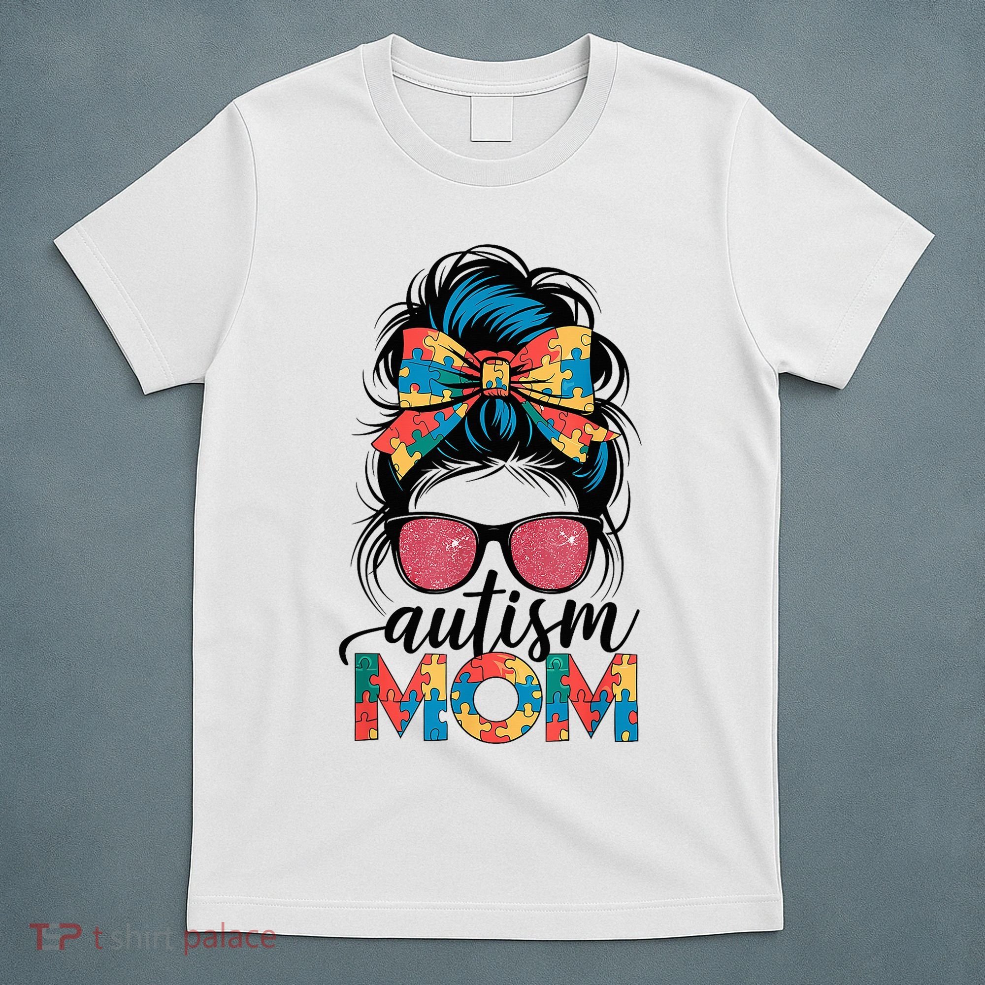 Autism Awareness Messy Bun Autism Mom Coquette Bow Puzzle T-Shirt