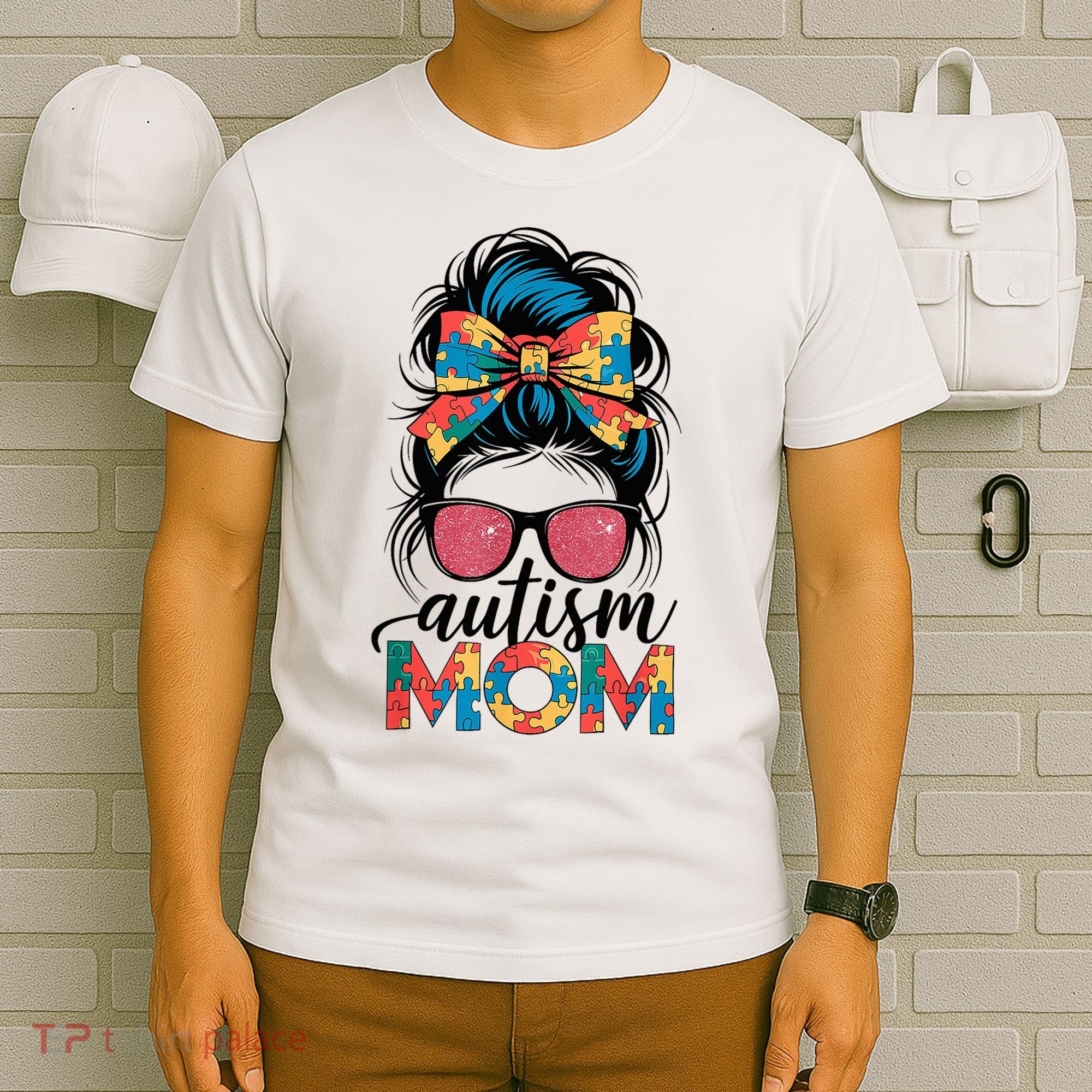 Autism Awareness Messy Bun Autism Mom Coquette Bow Puzzle T-Shirt