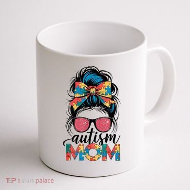Autism Awareness Messy Bun Autism Mom Coquette Bow Puzzle Coffee Mug back