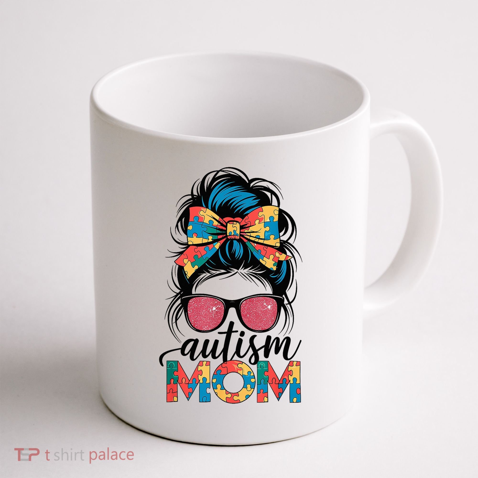 Autism Awareness Messy Bun Autism Mom Coquette Bow Puzzle Coffee Mug