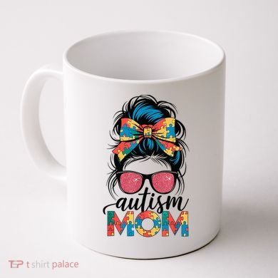 Autism Awareness Messy Bun Autism Mom Coquette Bow Puzzle Coffee Mug
