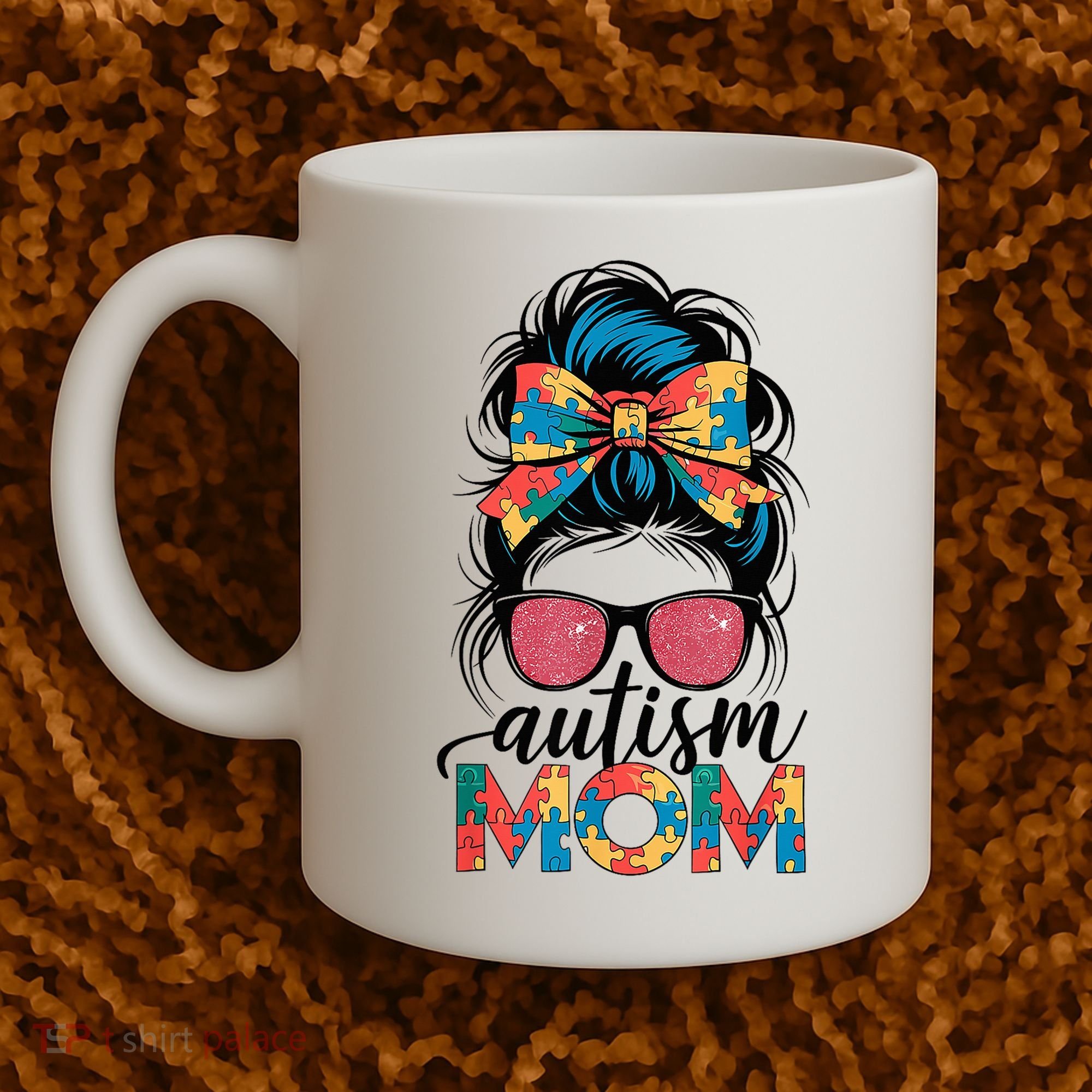 Autism Awareness Messy Bun Autism Mom Coquette Bow Puzzle Coffee Mug