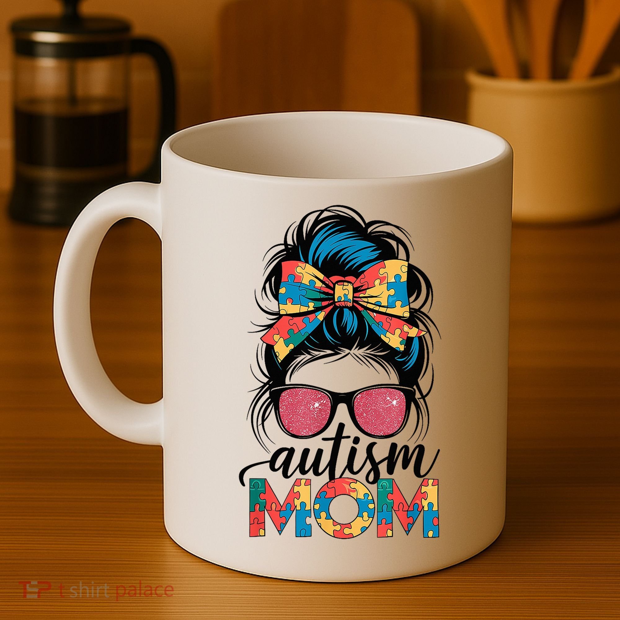 Autism Awareness Messy Bun Autism Mom Coquette Bow Puzzle Coffee Mug