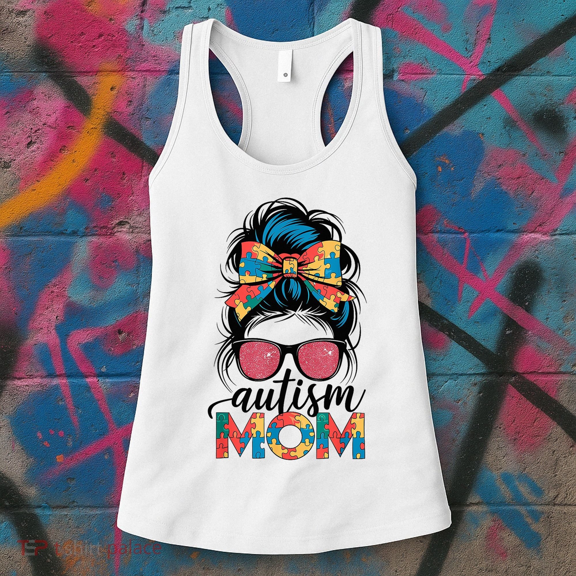 Autism Awareness Messy Bun Autism Mom Coquette Bow Puzzle Women's Tank Top