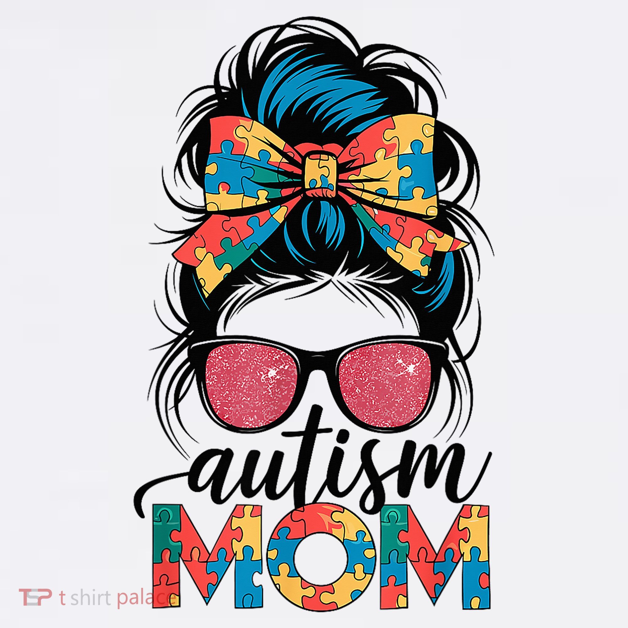 Autism Awareness Messy Bun Autism Mom Coquette Bow Puzzle Women's Tank Top