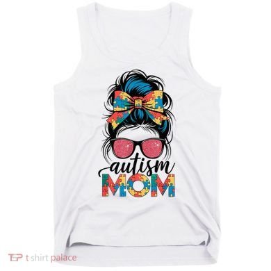 Autism Awareness Messy Bun Autism Mom Coquette Bow Puzzle Tank Top
