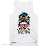 Autism Awareness Messy Bun Autism Mom Coquette Bow Puzzle Tank Top thumb 0