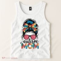 Autism Awareness Messy Bun Autism Mom Coquette Bow Puzzle Tank Top thumb 2