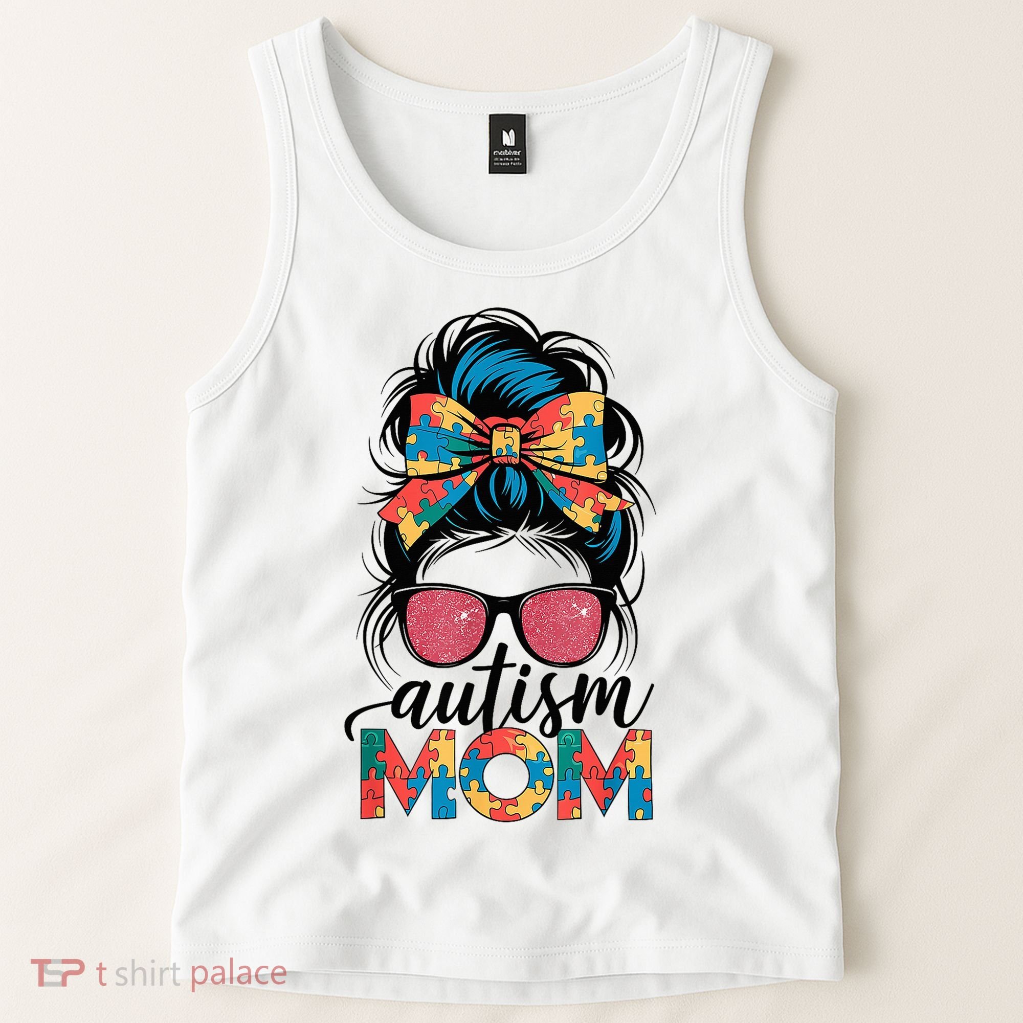 Autism Awareness Messy Bun Autism Mom Coquette Bow Puzzle Tank Top