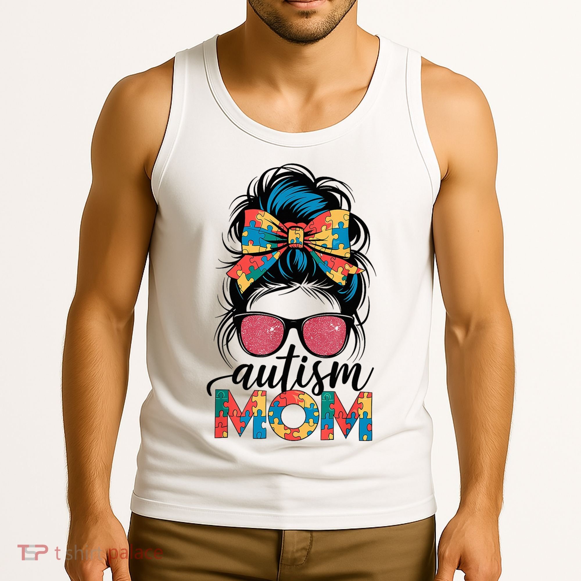 Autism Awareness Messy Bun Autism Mom Coquette Bow Puzzle Tank Top