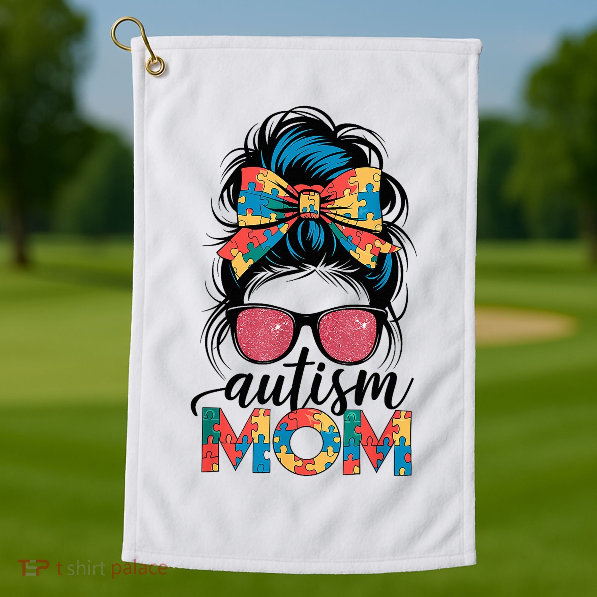 Autism Awareness Messy Bun Autism Mom Coquette Bow Puzzle Golf Towel