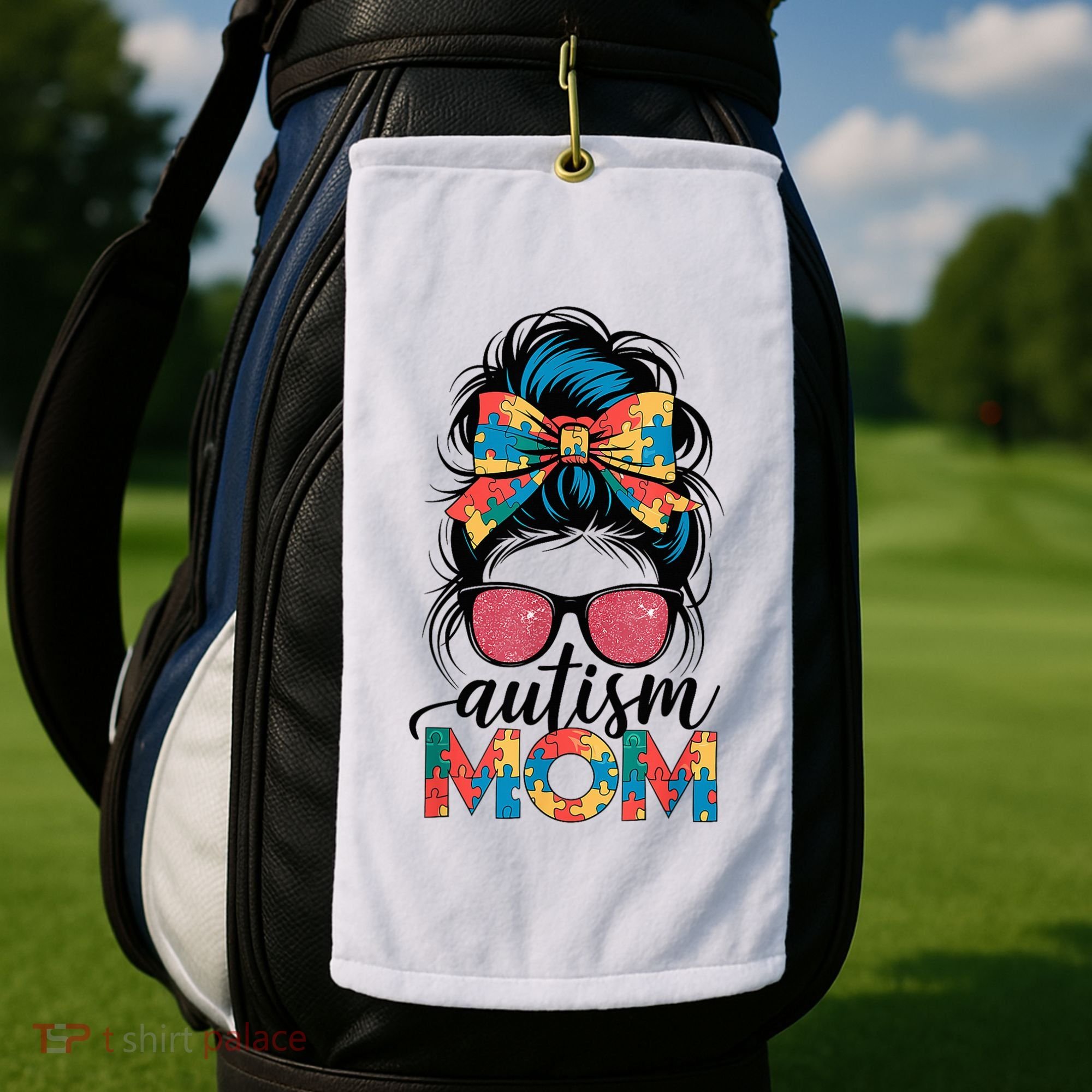 Autism Awareness Messy Bun Autism Mom Coquette Bow Puzzle Golf Towel