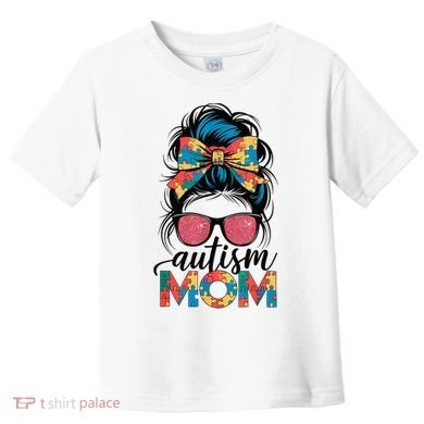 Autism Awareness Messy Bun Autism Mom Coquette Bow Puzzle Toddler T-Shirt