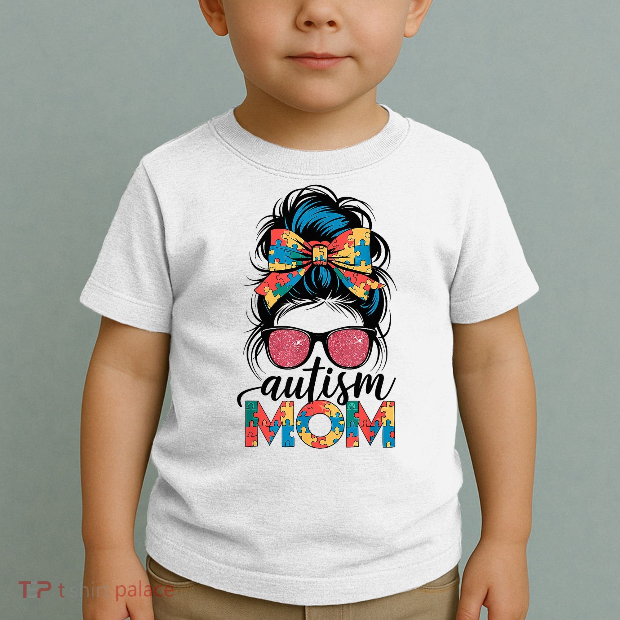 Autism Awareness Messy Bun Autism Mom Coquette Bow Puzzle Toddler T-Shirt