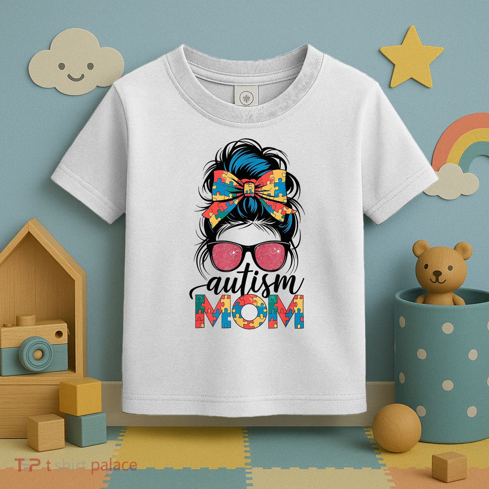 Autism Awareness Messy Bun Autism Mom Coquette Bow Puzzle Toddler T-Shirt