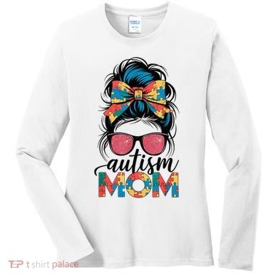 Autism Awareness Messy Bun Autism Mom Coquette Bow Puzzle Women's Long Sleeve Shirt