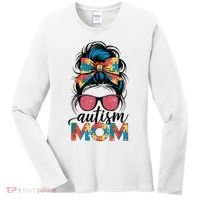 Autism Awareness Messy Bun Autism Mom Coquette Bow Puzzle Women's Long Sleeve Shirt thumb 0