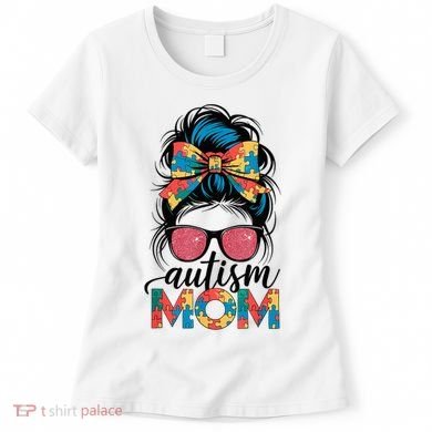 Autism Awareness Messy Bun Autism Mom Coquette Bow Puzzle Women's T-Shirt
