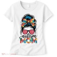 Autism Awareness Messy Bun Autism Mom Coquette Bow Puzzle Women's T-Shirt thumb 0