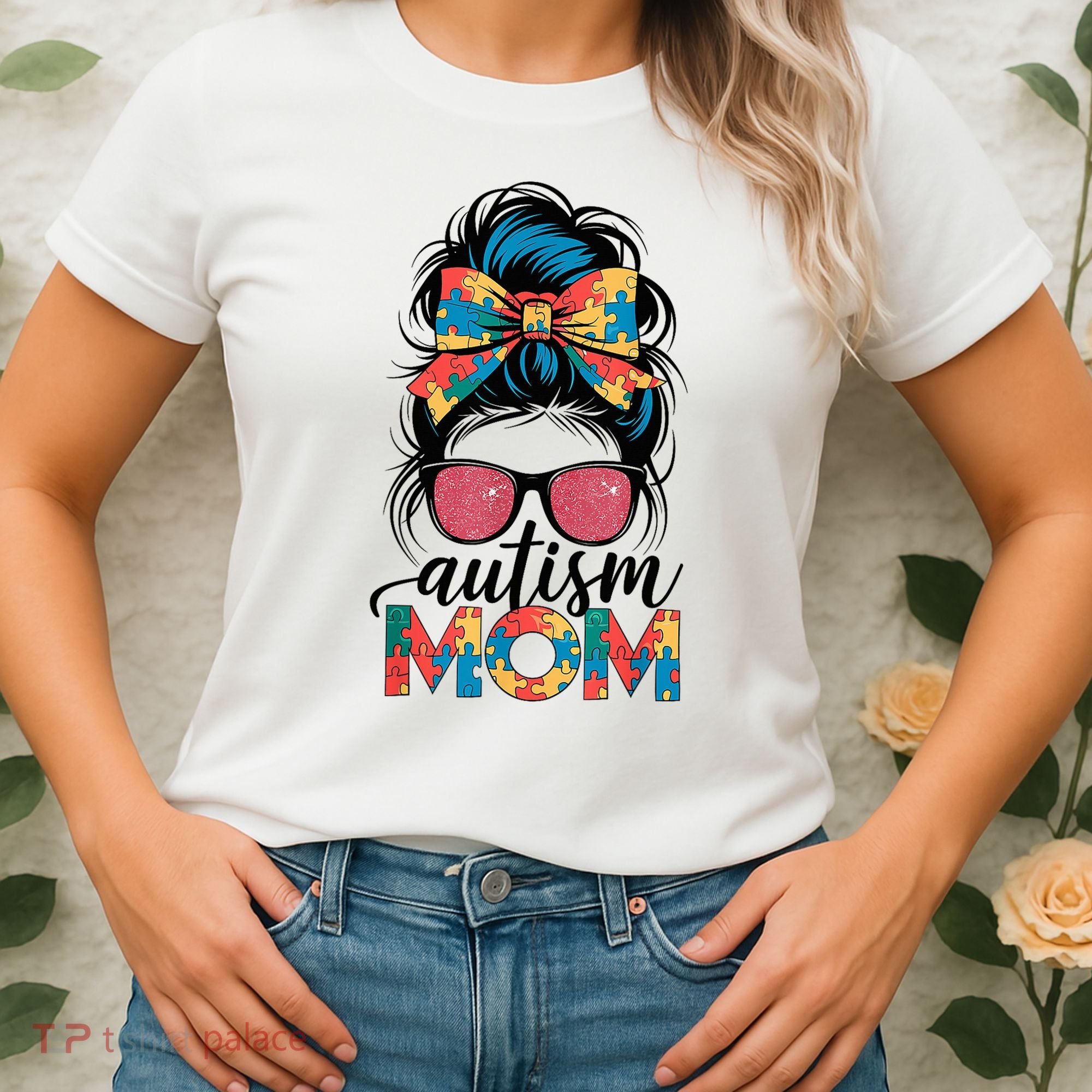Autism Awareness Messy Bun Autism Mom Coquette Bow Puzzle Women's T-Shirt