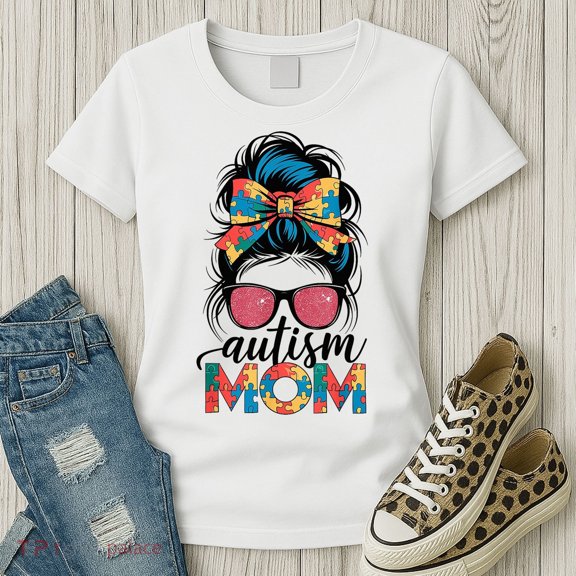 Autism Awareness Messy Bun Autism Mom Coquette Bow Puzzle Women's T-Shirt