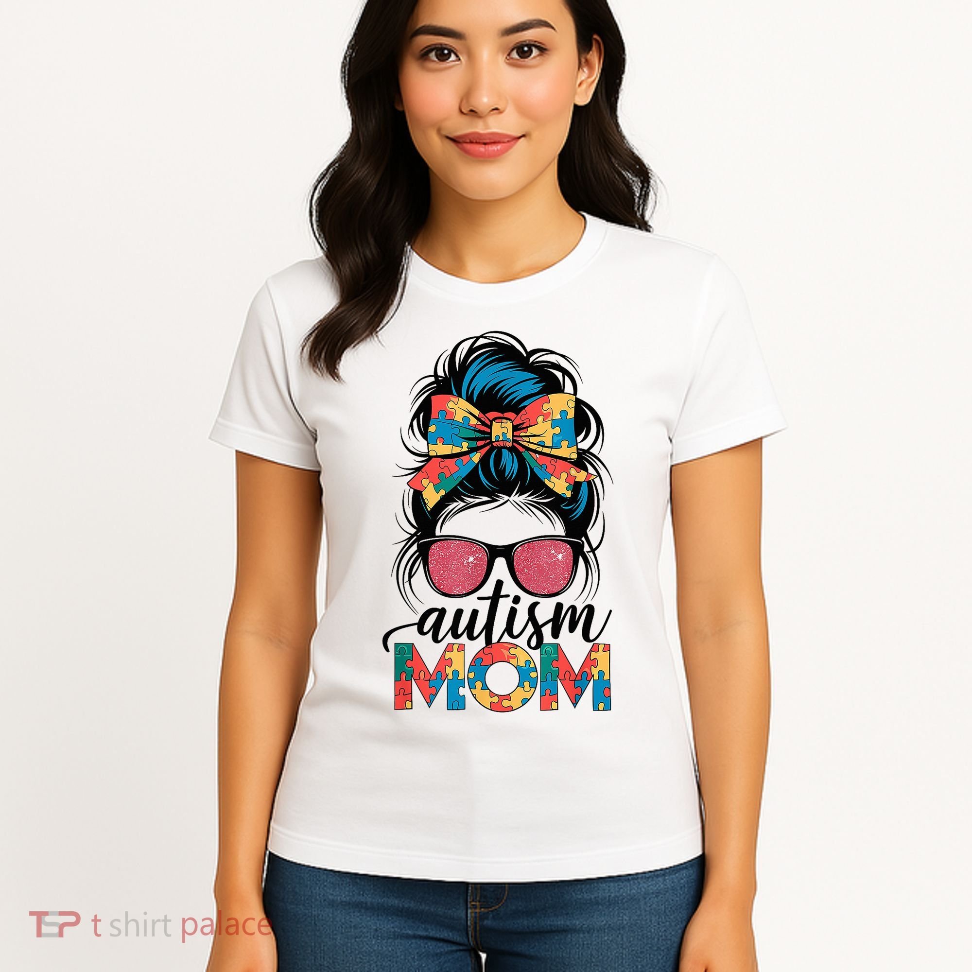 Autism Awareness Messy Bun Autism Mom Coquette Bow Puzzle Women's T-Shirt