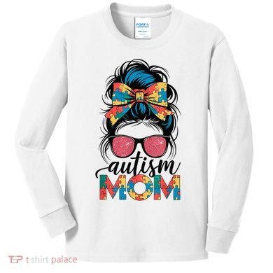 Autism Awareness Messy Bun Autism Mom Coquette Bow Puzzle Kids Long Sleeve Shirt