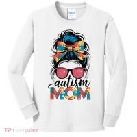 Autism Awareness Messy Bun Autism Mom Coquette Bow Puzzle Kids Long Sleeve Shirt thumb 0