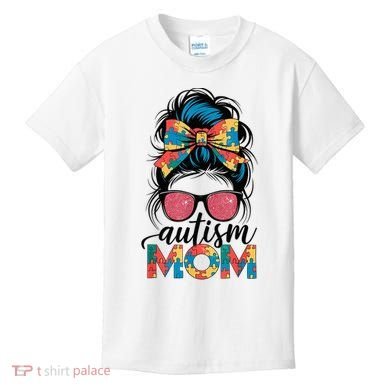 Autism Awareness Messy Bun Autism Mom Coquette Bow Puzzle Kids T-Shirt