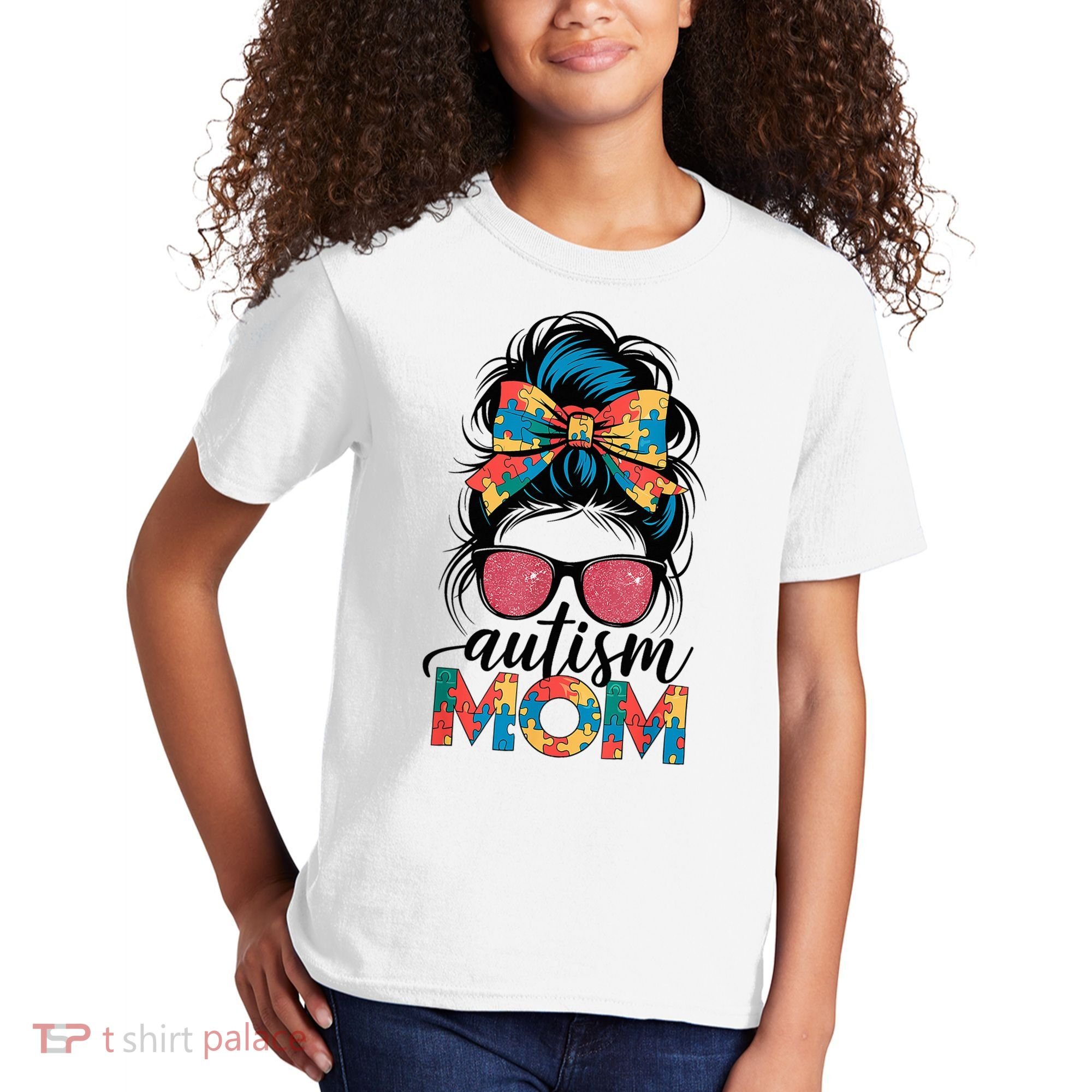 Autism Awareness Messy Bun Autism Mom Coquette Bow Puzzle Kids T-Shirt