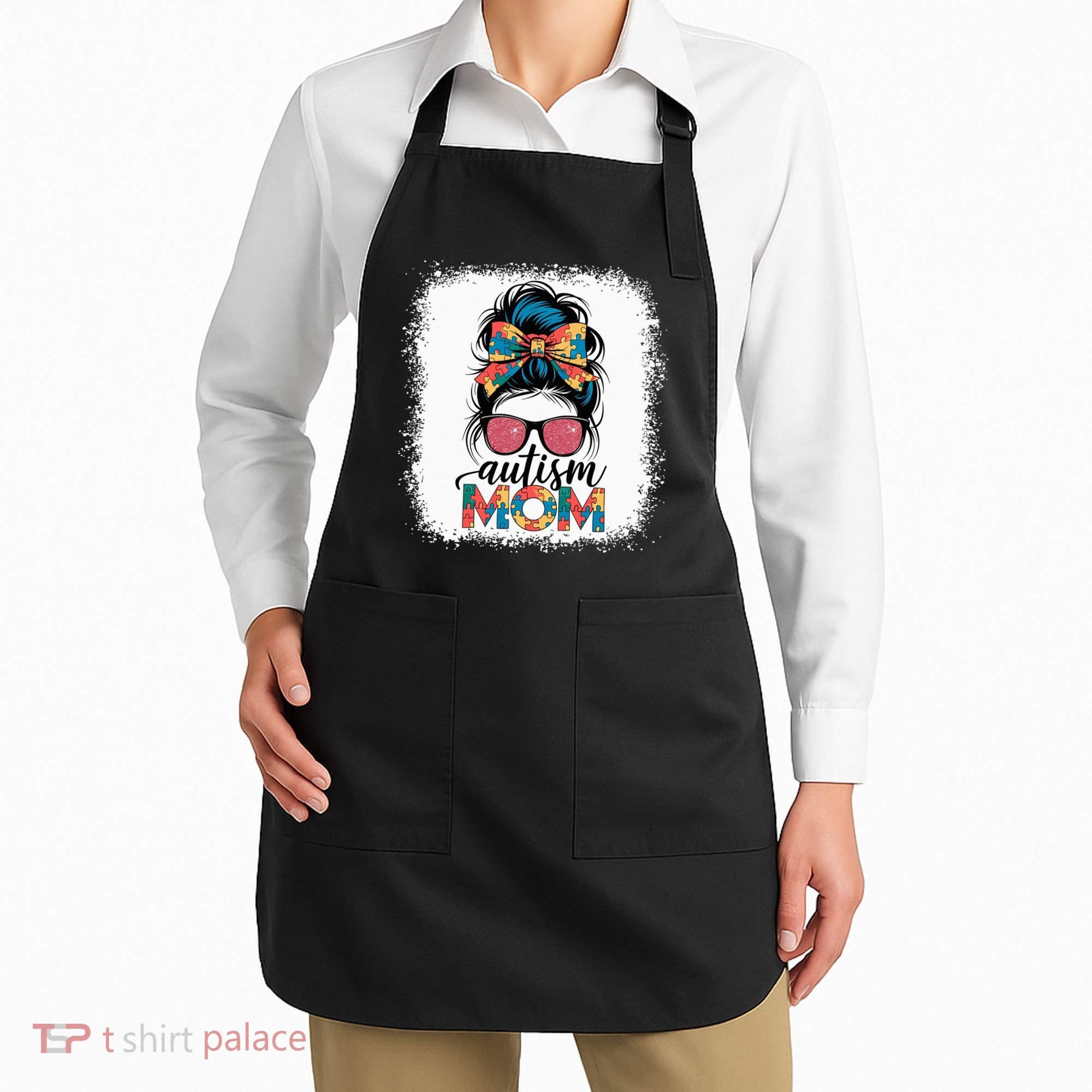 Autism Awareness Messy Bun Autism Mom Coquette Bow Puzzle Apron