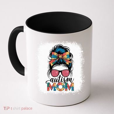 Autism Awareness Messy Bun Autism Mom Coquette Bow Puzzle Coffee Mug