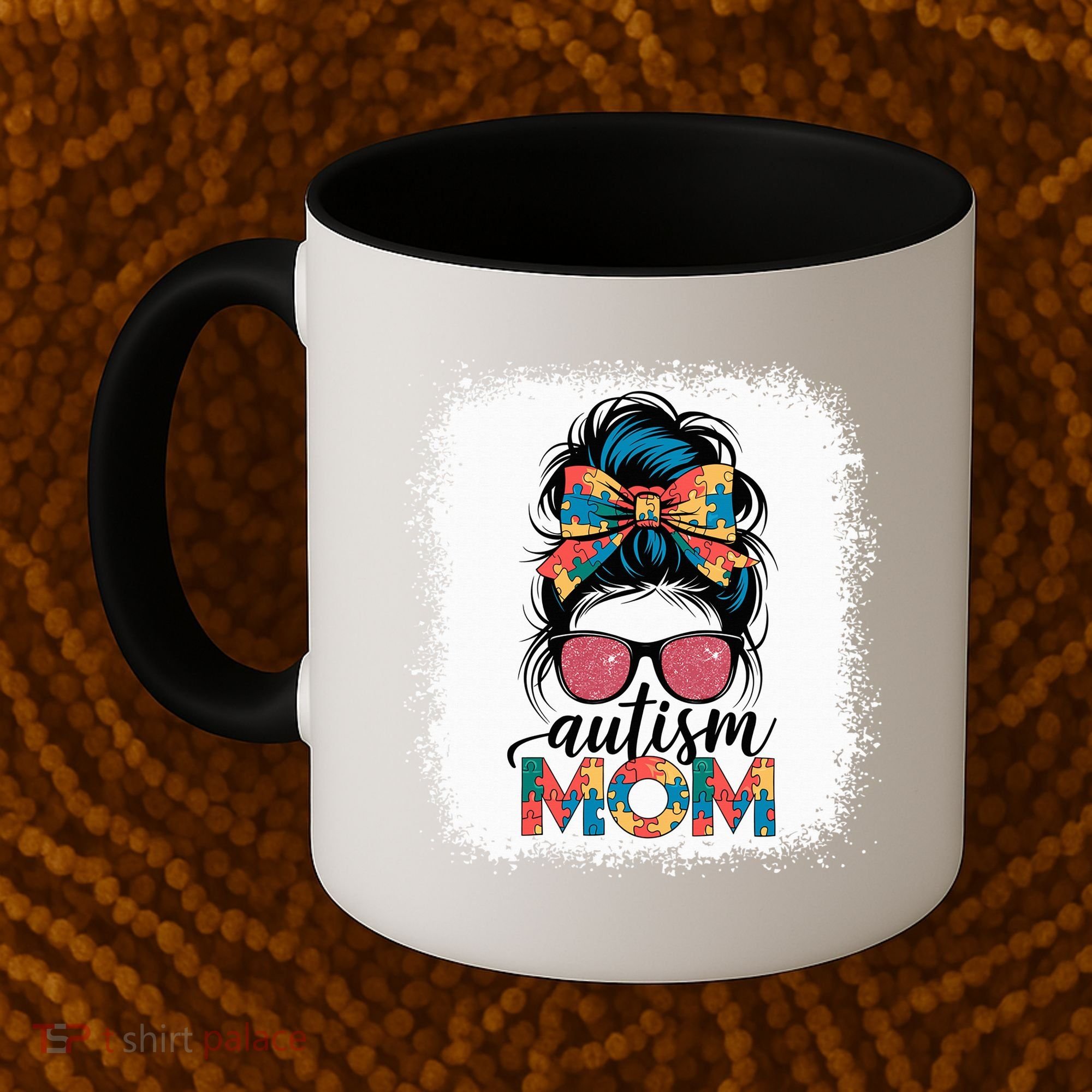 Autism Awareness Messy Bun Autism Mom Coquette Bow Puzzle Coffee Mug