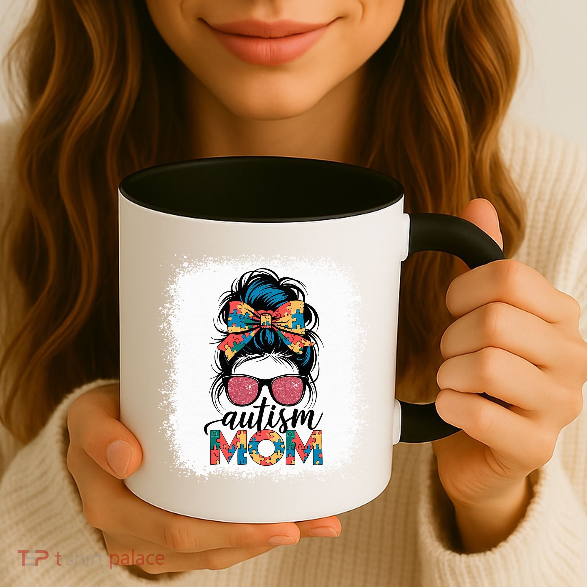 Autism Awareness Messy Bun Autism Mom Coquette Bow Puzzle Coffee Mug