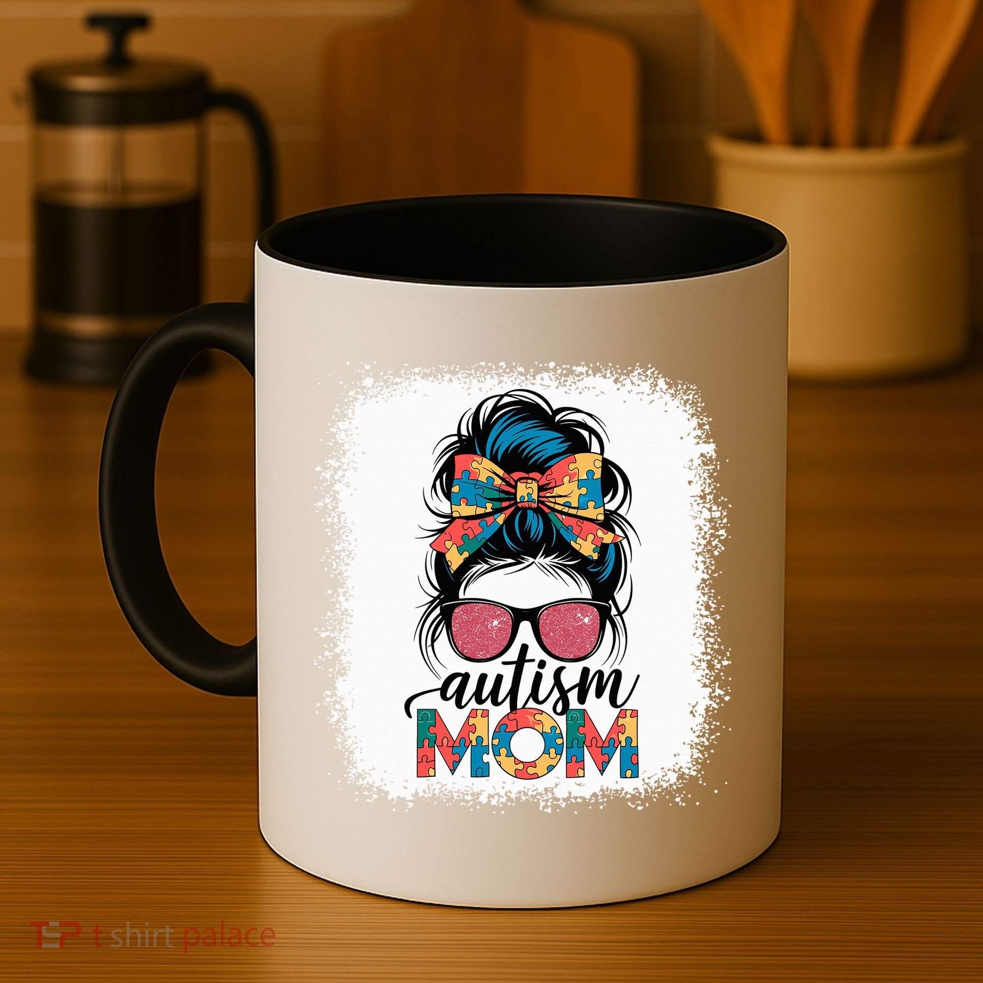 Autism Awareness Messy Bun Autism Mom Coquette Bow Puzzle Coffee Mug