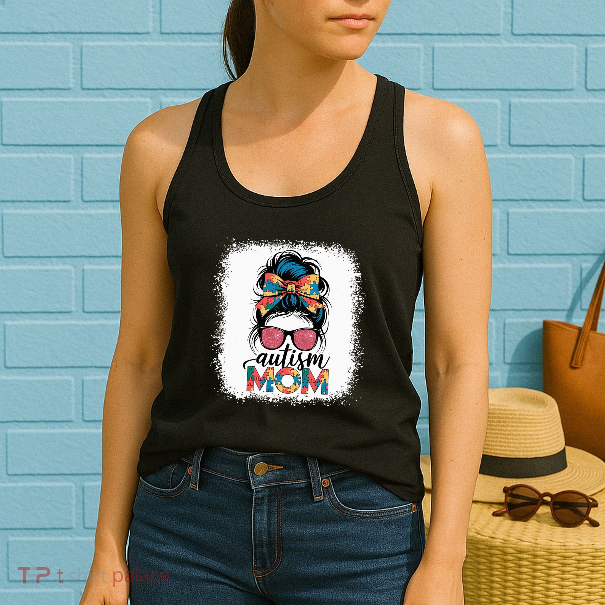 Autism Awareness Messy Bun Autism Mom Coquette Bow Puzzle Women's Tank Top