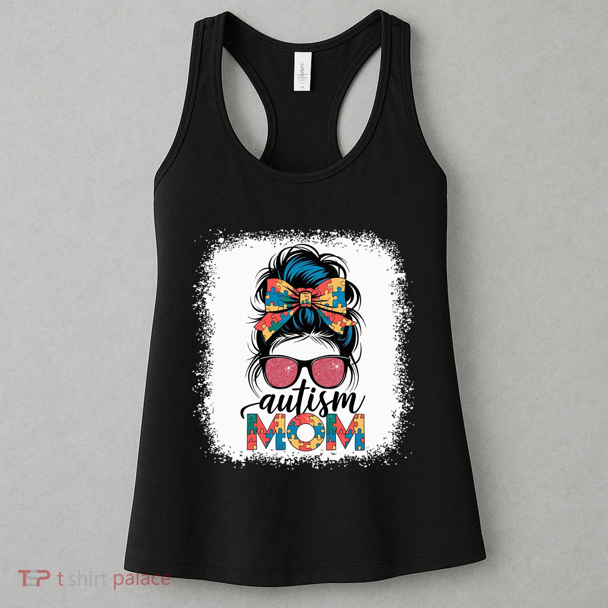 Autism Awareness Messy Bun Autism Mom Coquette Bow Puzzle Women's Tank Top