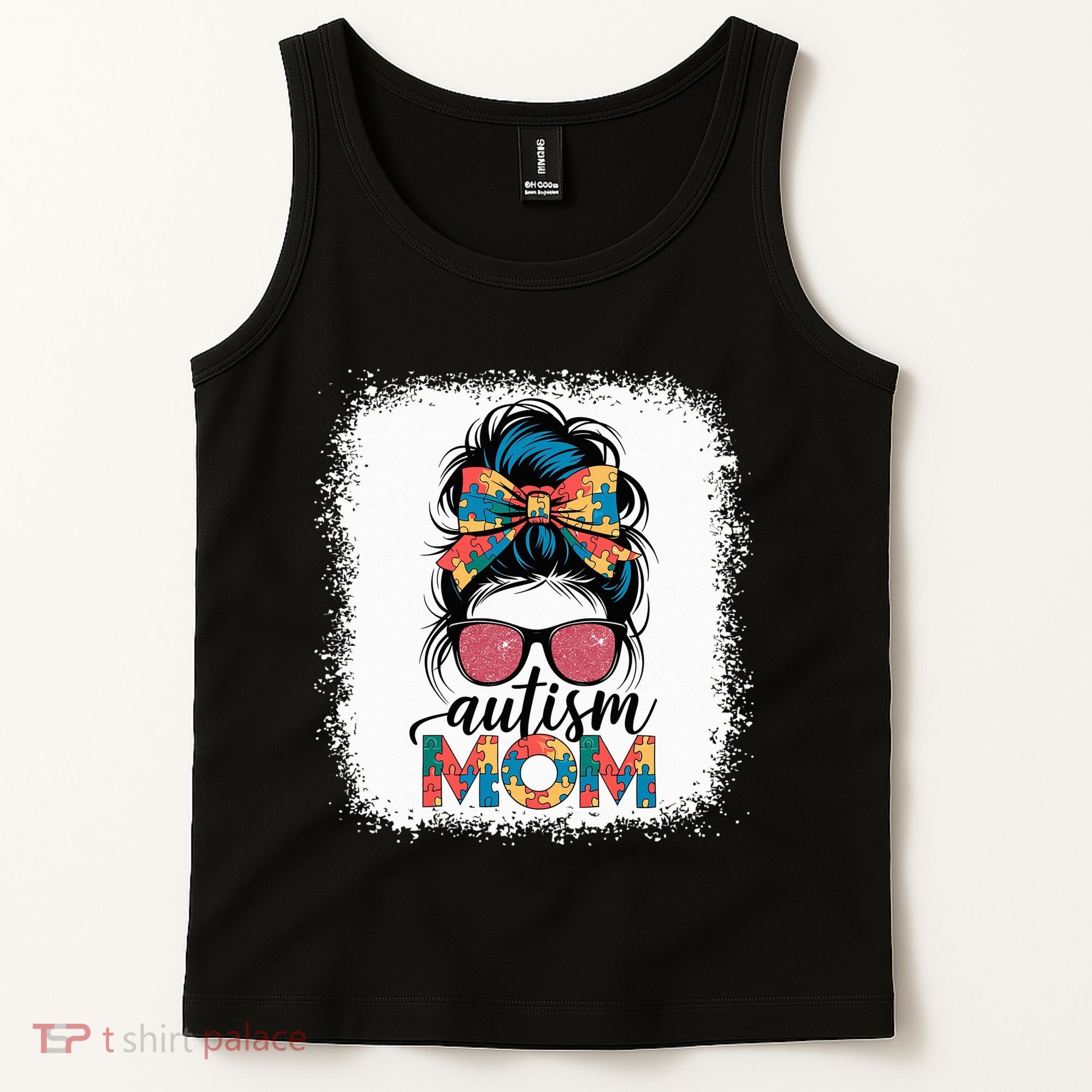 Autism Awareness Messy Bun Autism Mom Coquette Bow Puzzle Tank Top