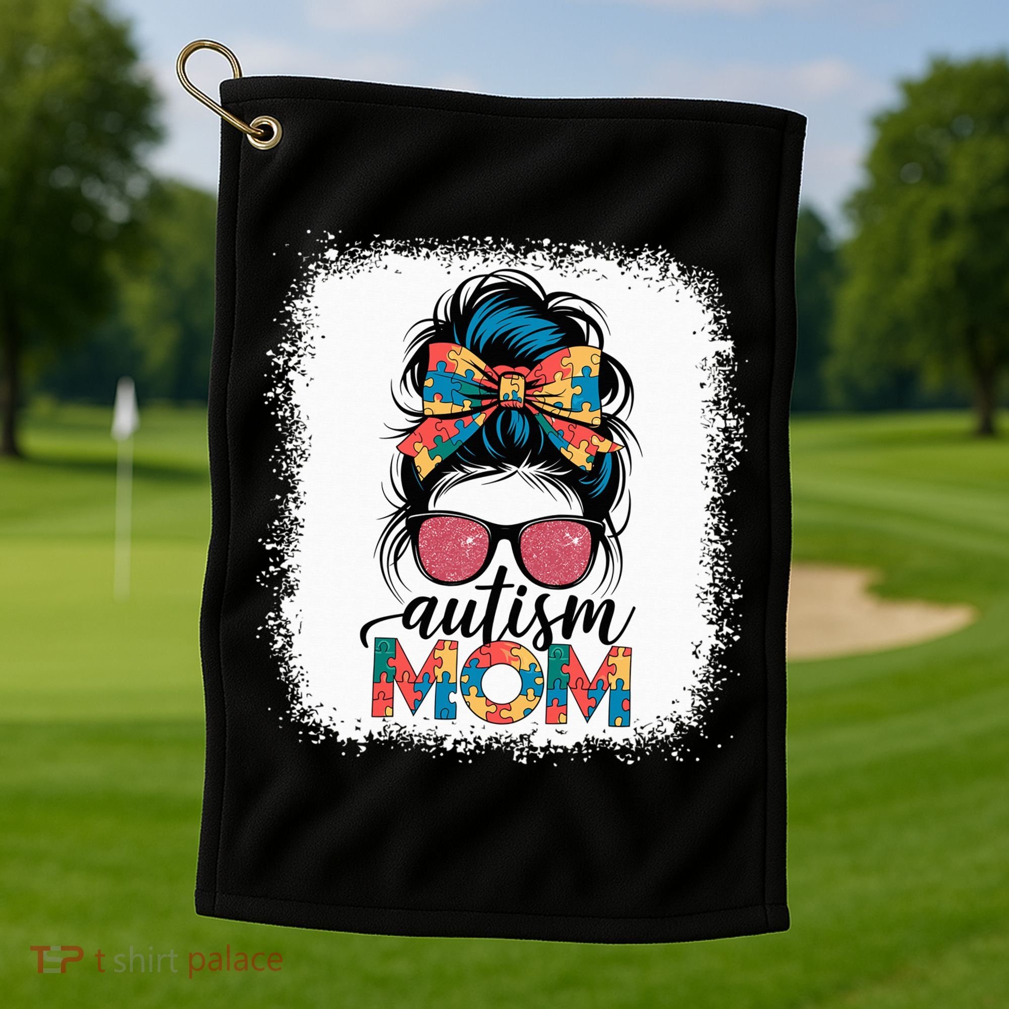 Autism Awareness Messy Bun Autism Mom Coquette Bow Puzzle Golf Towel
