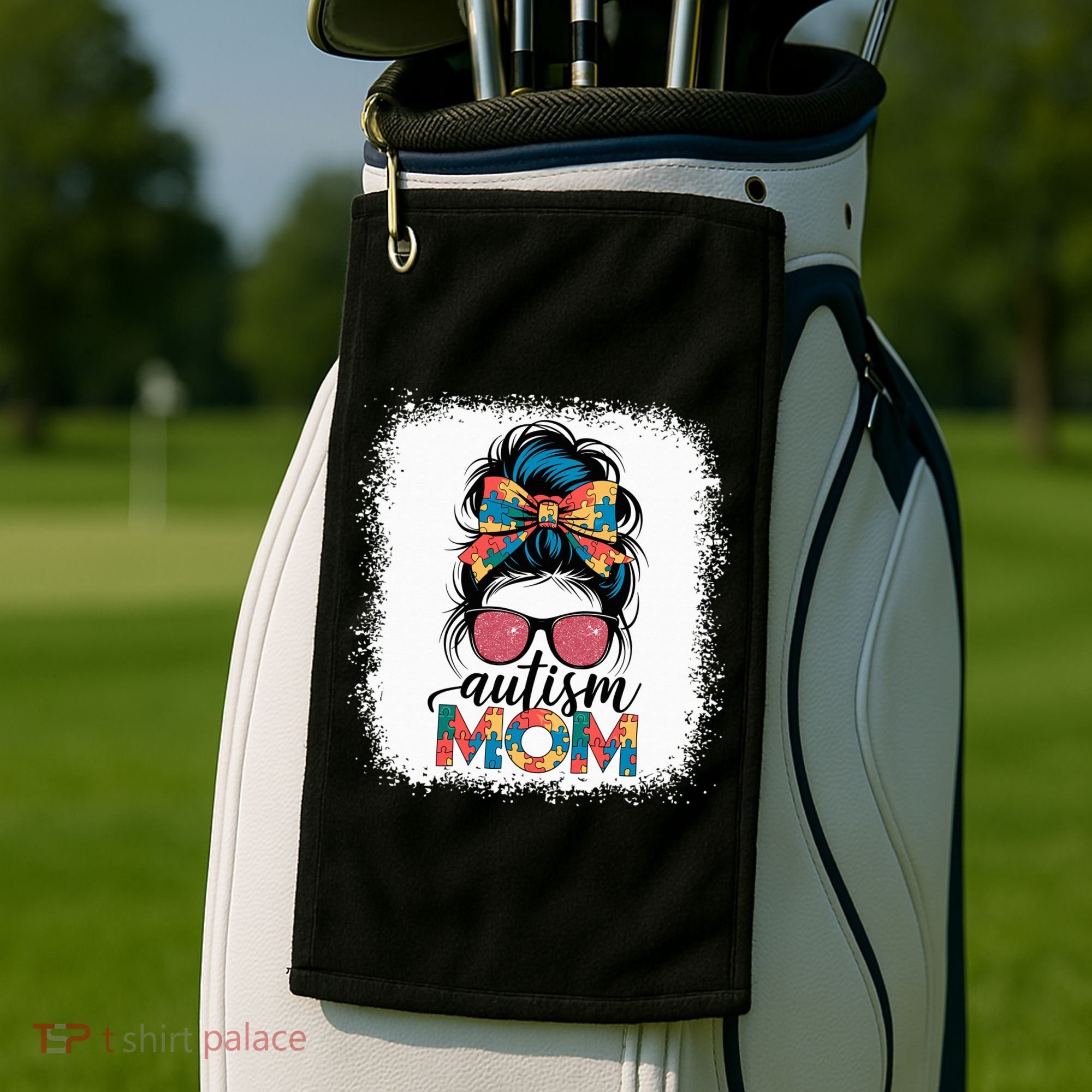 Autism Awareness Messy Bun Autism Mom Coquette Bow Puzzle Golf Towel