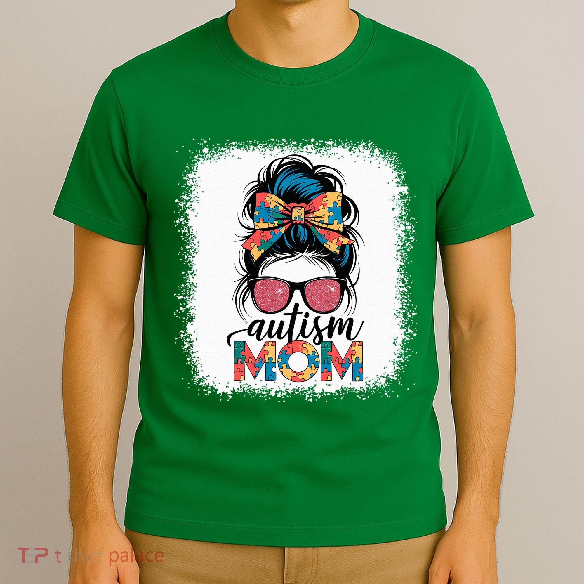 Autism Awareness Messy Bun Autism Mom Coquette Bow Puzzle T-Shirt