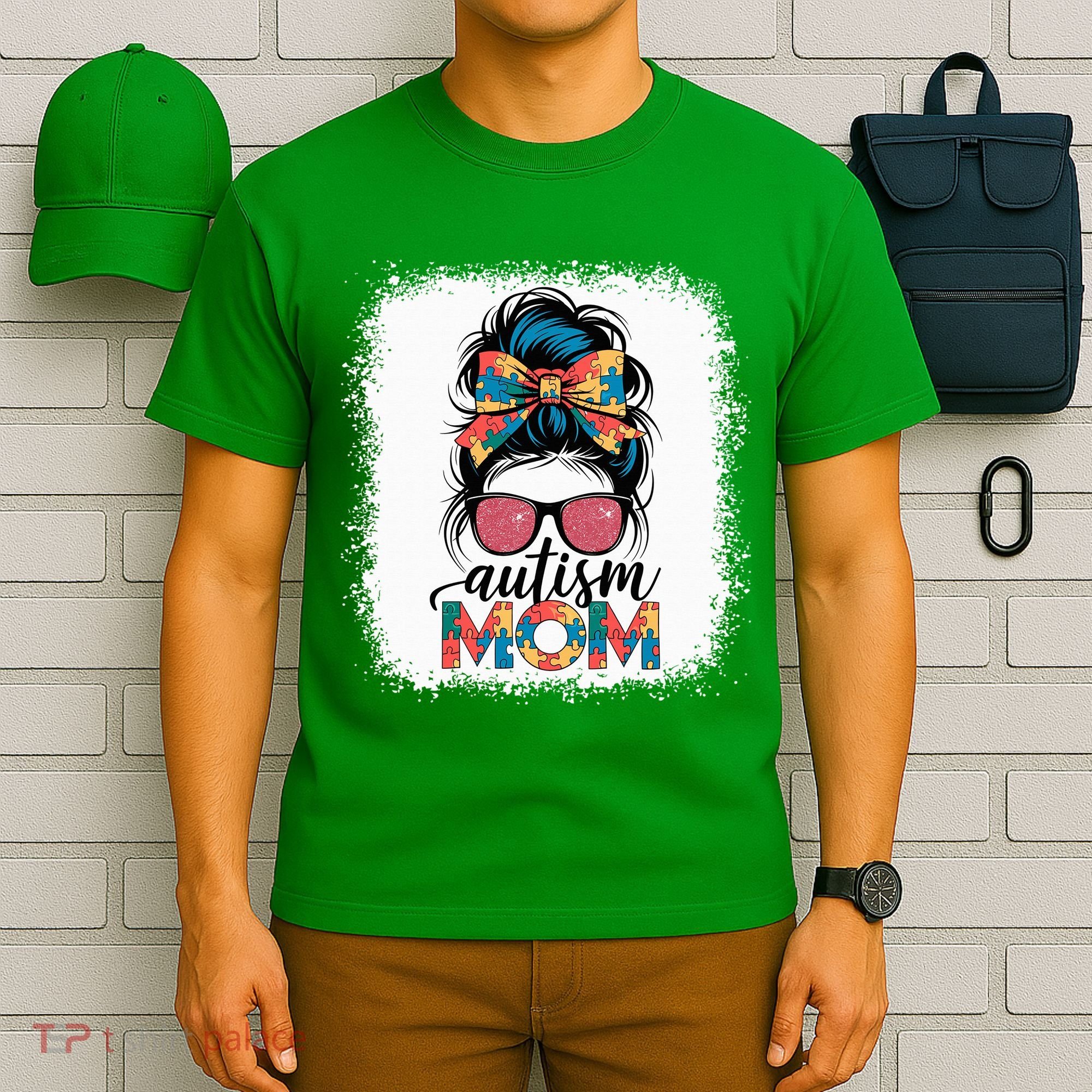 Autism Awareness Messy Bun Autism Mom Coquette Bow Puzzle T-Shirt