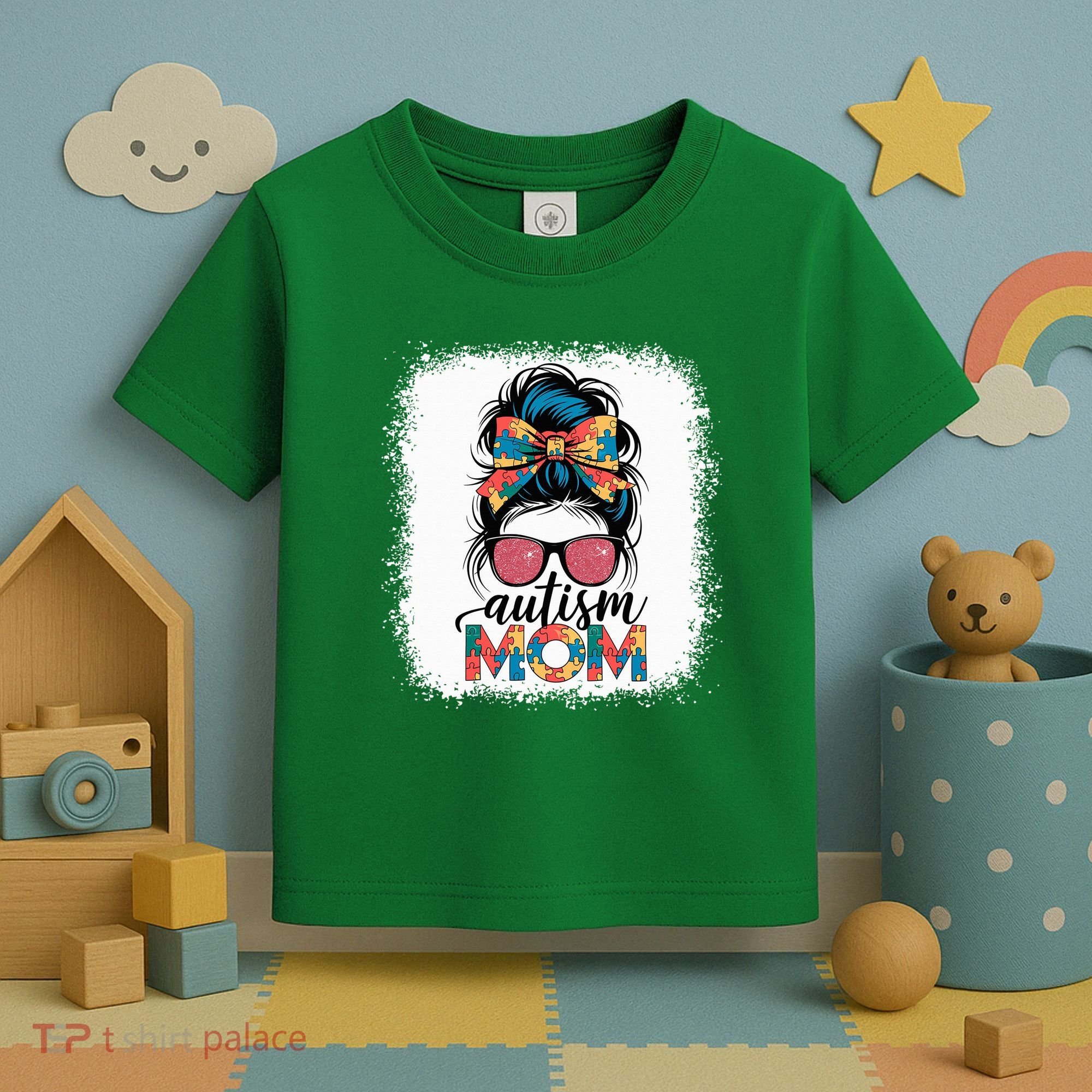 Autism Awareness Messy Bun Autism Mom Coquette Bow Puzzle Toddler T-Shirt