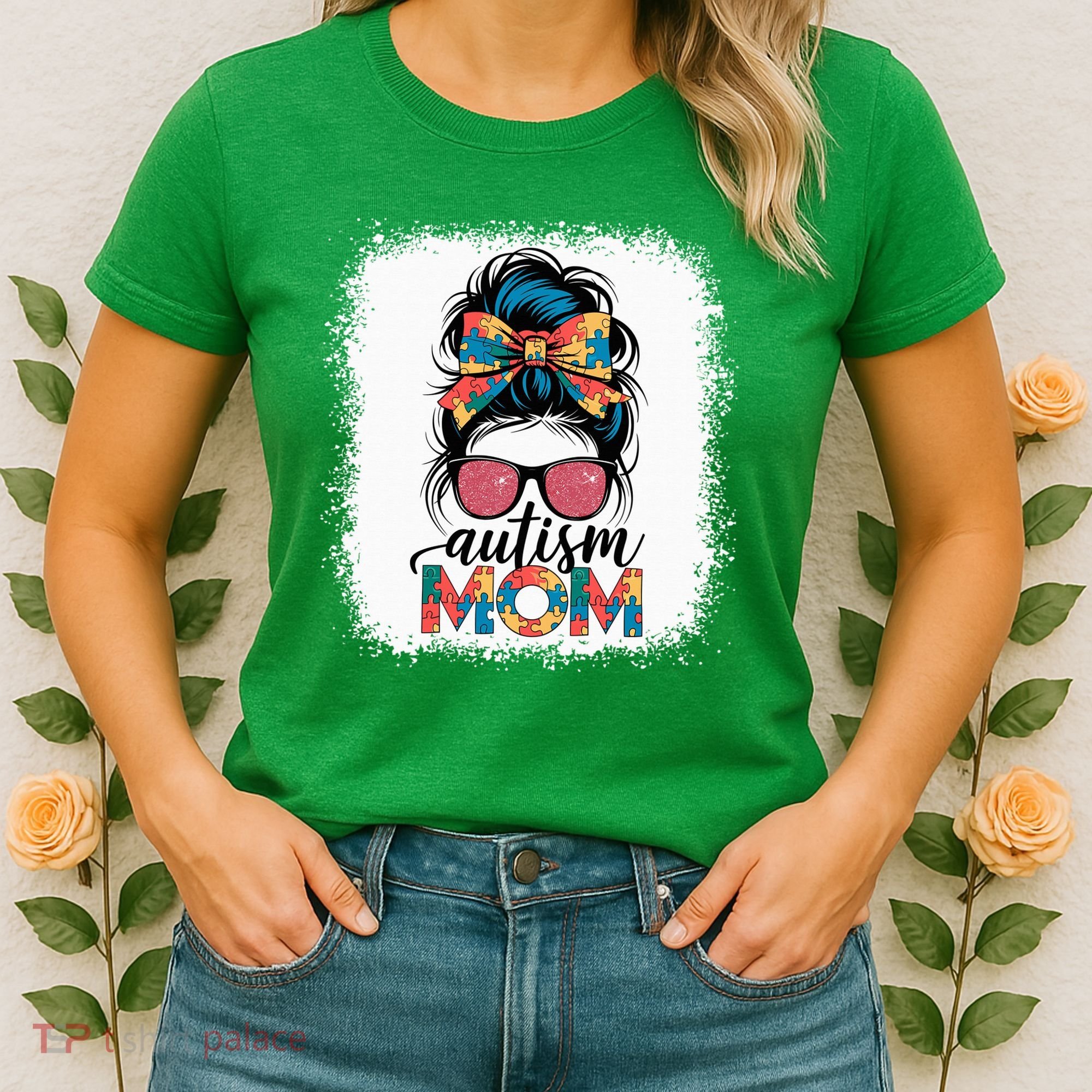 Autism Awareness Messy Bun Autism Mom Coquette Bow Puzzle Women's T-Shirt
