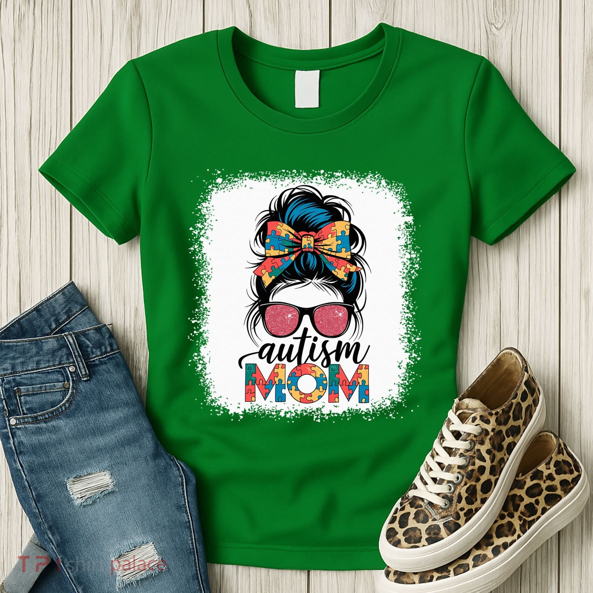 Autism Awareness Messy Bun Autism Mom Coquette Bow Puzzle Women's T-Shirt