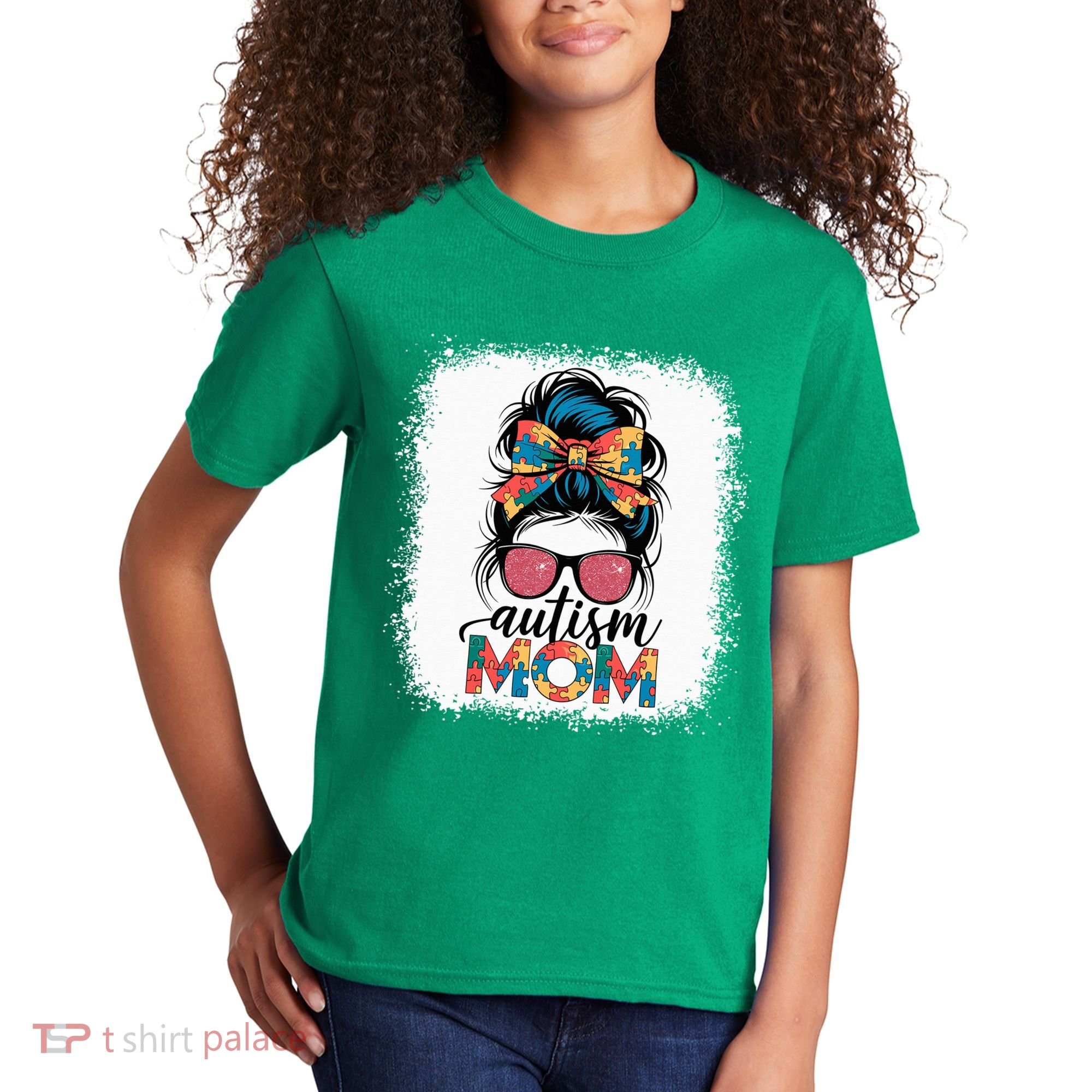 Autism Awareness Messy Bun Autism Mom Coquette Bow Puzzle Kids T-Shirt